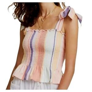Bar III Striped Cotton Smocked Peplum Tie-Strap Sherbet Stripe My Peach Large